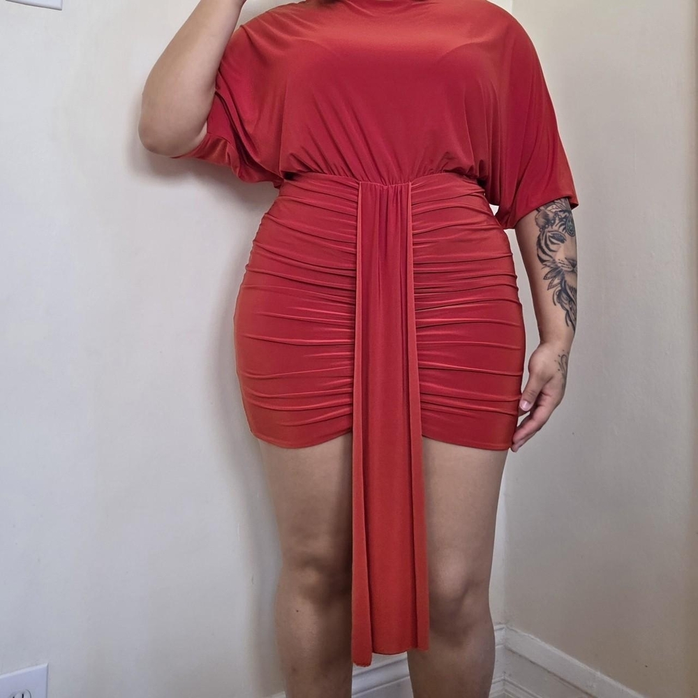 PrettyLittleThing Orange Ruched Mini Dress